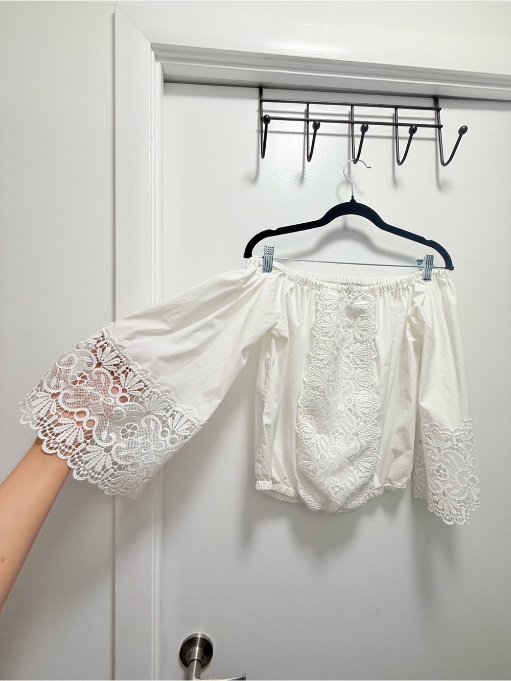 NWT Express White Lace Trim Off The Shoulder Bell Sleeve Blouse M